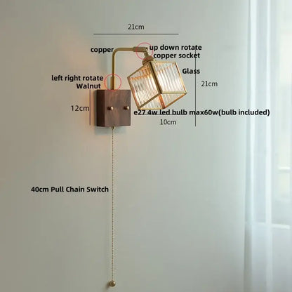 Modern brass and wood led wall lights bedroom geometric blue glass