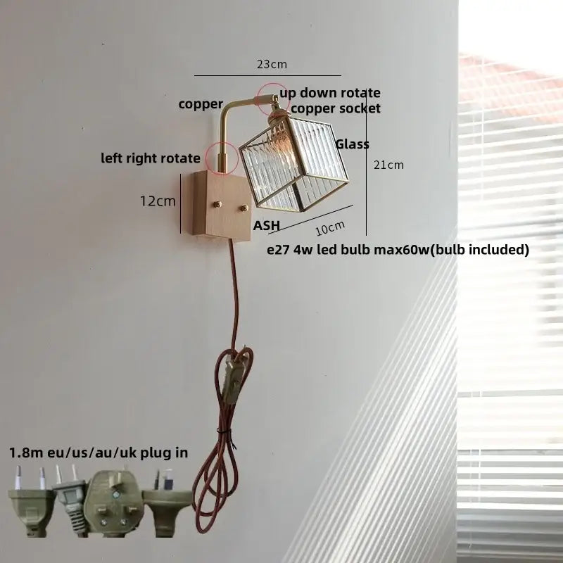 Modern brass and wood led wall lights bedroom geometric blue glass