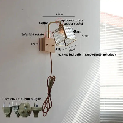 Modern brass and wood led wall lights bedroom geometric blue glass
