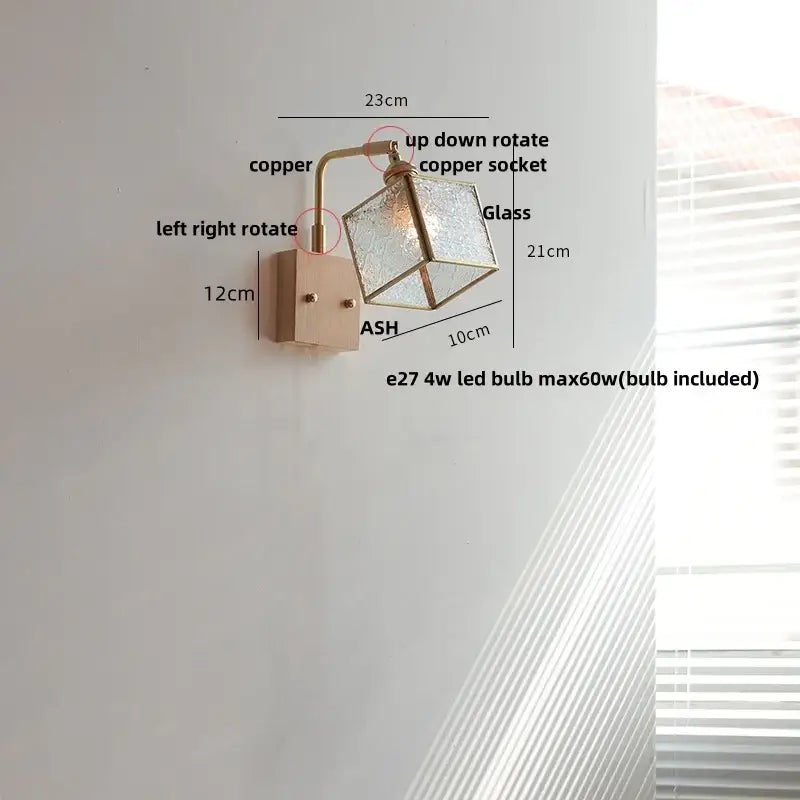 Modern brass and wood led wall lights bedroom geometric blue glass