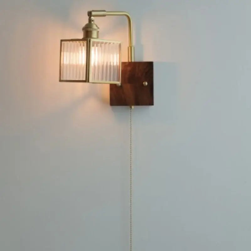 Modern brass and wood led wall lights bedroom geometric blue glass