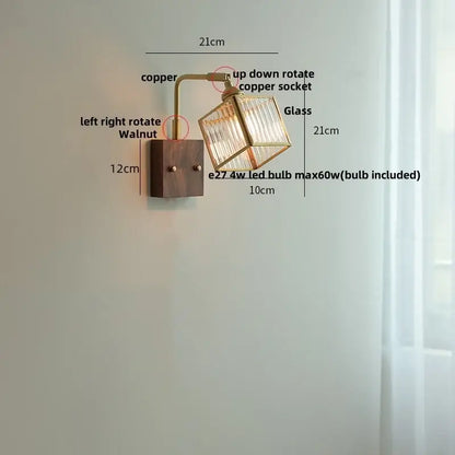Modern brass and wood led wall lights bedroom geometric blue glass