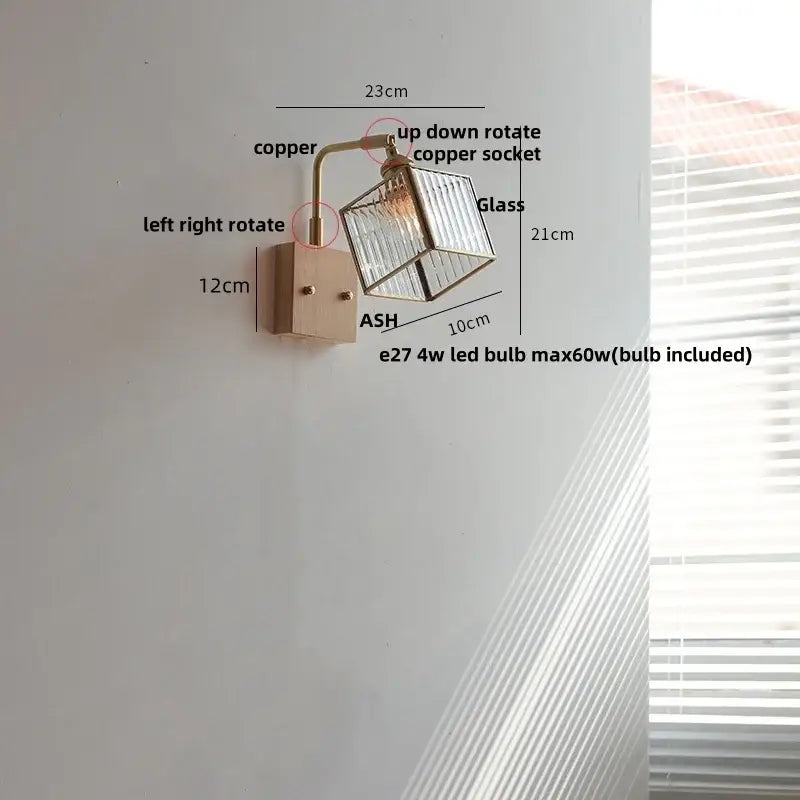 Modern brass and wood led wall lights bedroom geometric blue glass