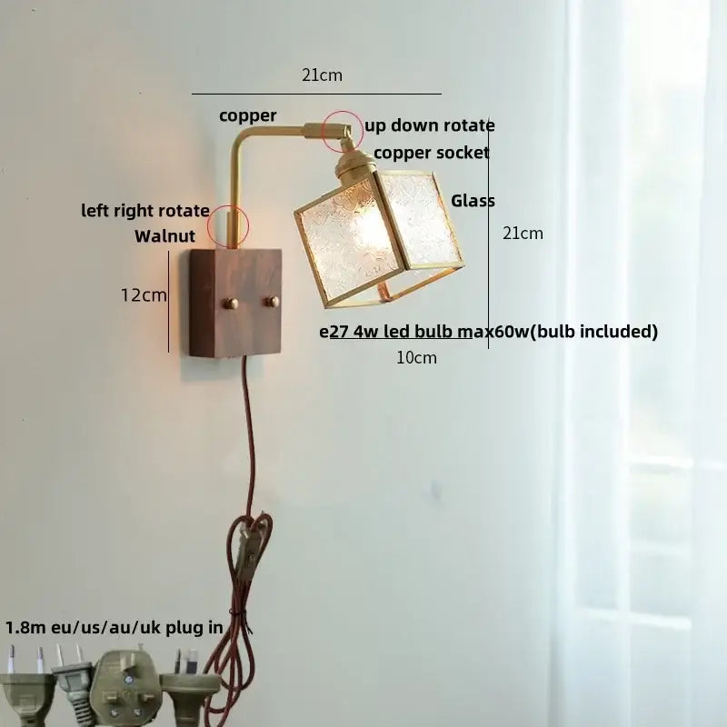 Modern brass and wood led wall lights bedroom geometric blue glass