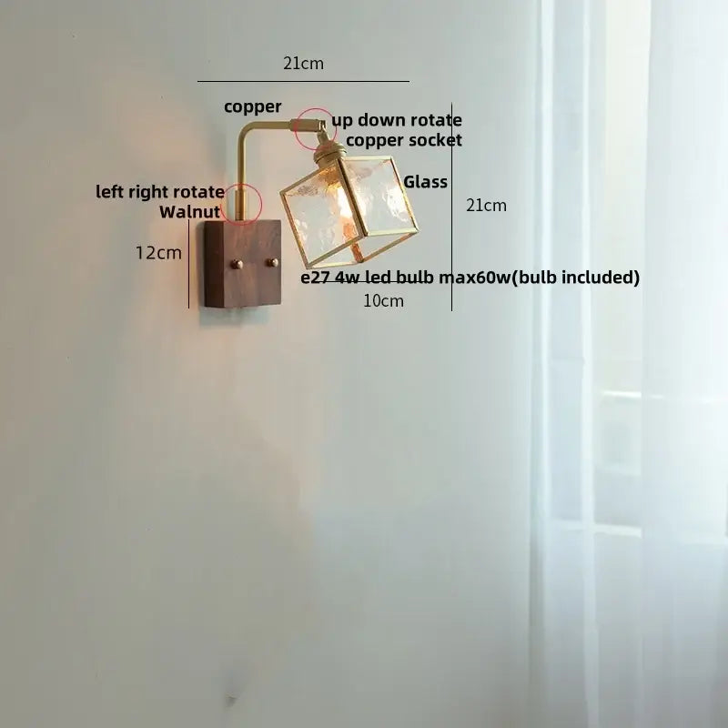 Modern brass and wood led wall lights bedroom geometric blue glass