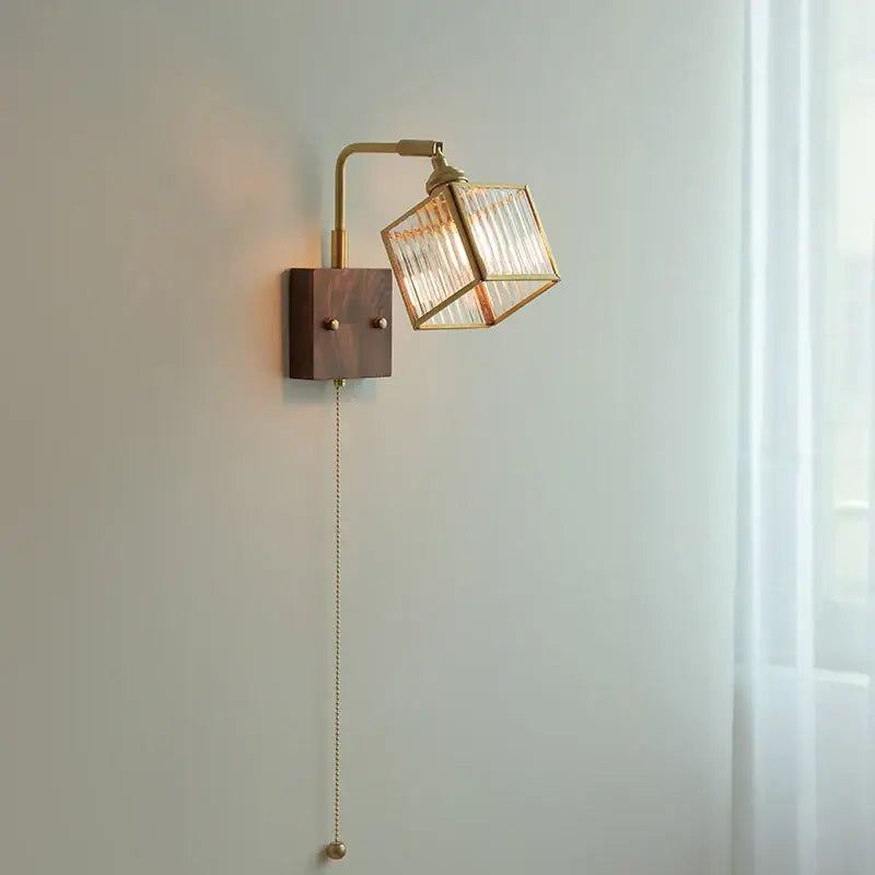 Modern brass and wood led wall lights bedroom geometric blue glass