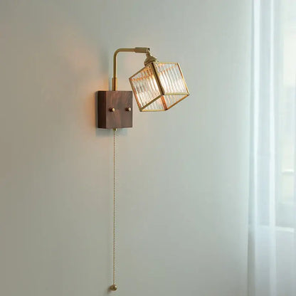 Modern brass and wood led wall lights bedroom geometric blue glass