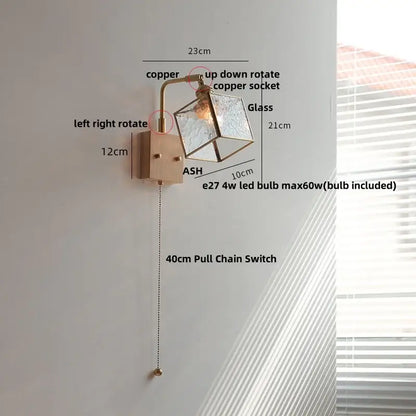 Modern brass and wood led wall lights bedroom geometric blue glass