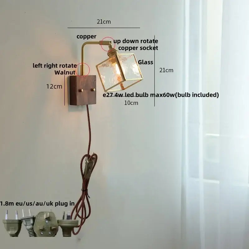 Modern brass and wood led wall lights bedroom geometric blue glass