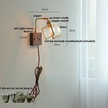 Modern brass and wood led wall lights bedroom geometric blue glass