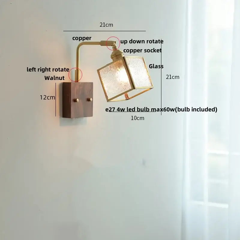 Modern brass and wood led wall lights bedroom geometric blue glass
