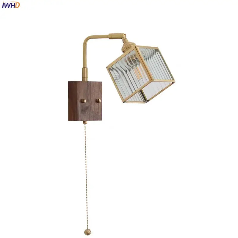 Modern brass and wood led wall lights bedroom geometric blue glass