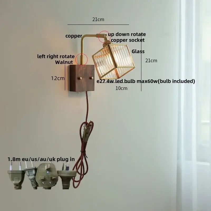 Modern brass and wood led wall lights bedroom geometric blue glass