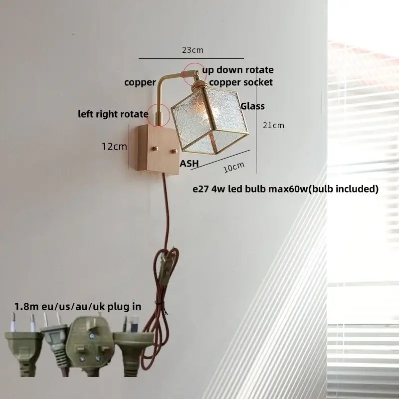 Modern brass and wood led wall lights bedroom geometric blue glass