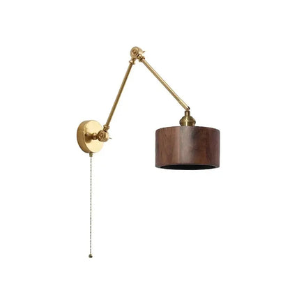 Modern brass and wood led wall sconce bedroom pull chain light