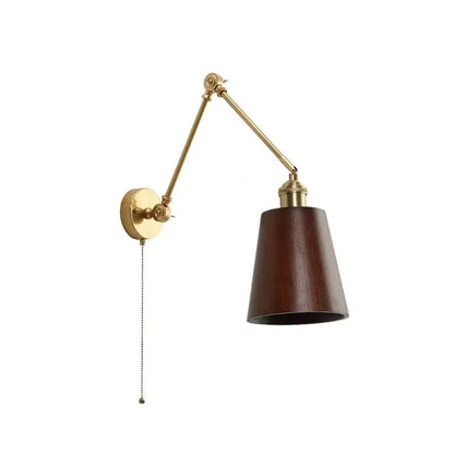 Modern brass and wood led wall sconce bedroom pull chain light