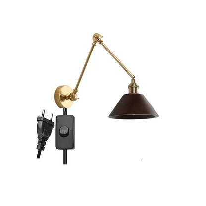 Modern brass and wood led wall sconce bedroom pull chain light