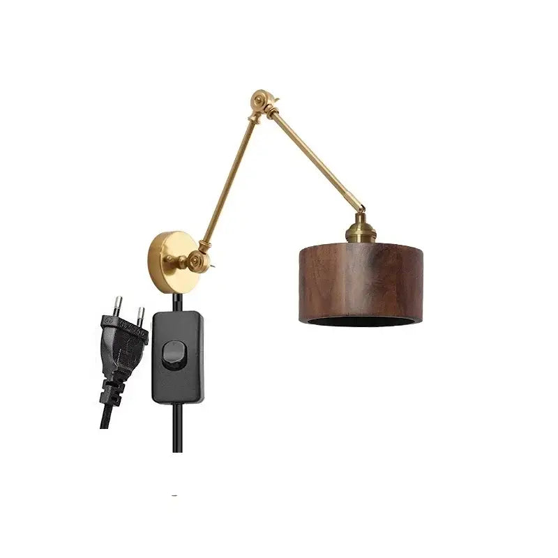 Modern brass and wood led wall sconce bedroom pull chain light