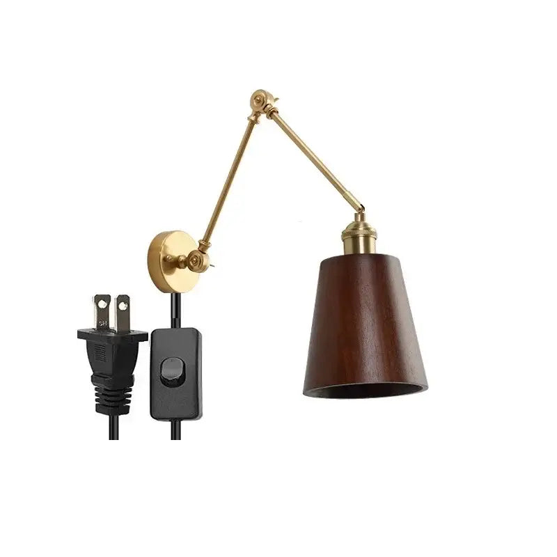 Modern brass and wood led wall sconce bedroom pull chain light