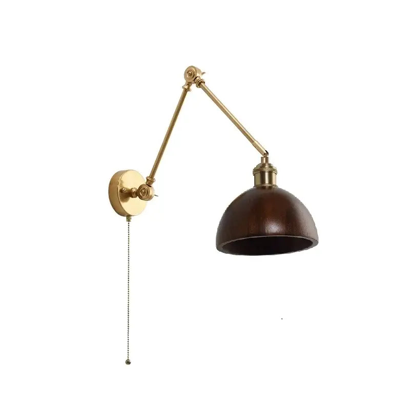 Modern brass and wood led wall sconce bedroom pull chain light