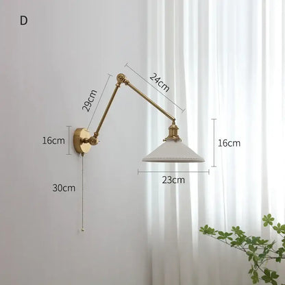 Modern brass and wood led wall sconce bedroom pull chain light