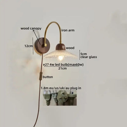 Modern brass and wood led wall sconce pull chain bedroom light