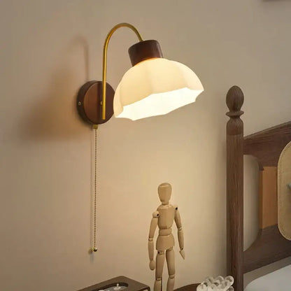 Modern brass and wood led wall sconce pull chain bedroom light