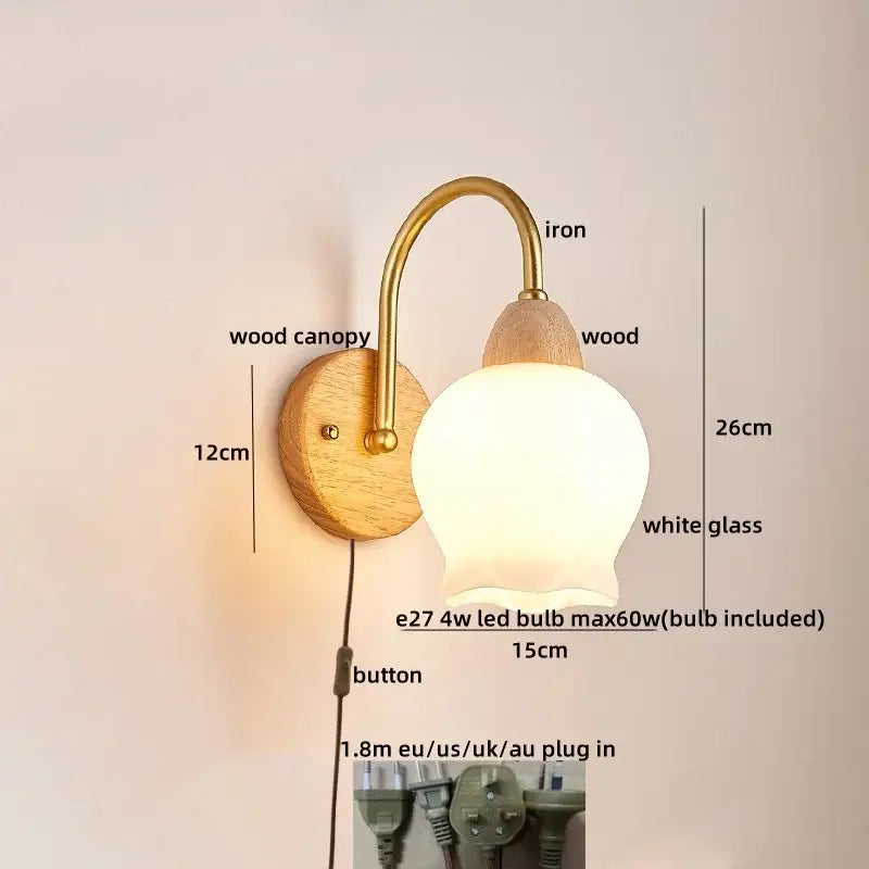 Modern brass and wood tulip led wall lamps living room decor