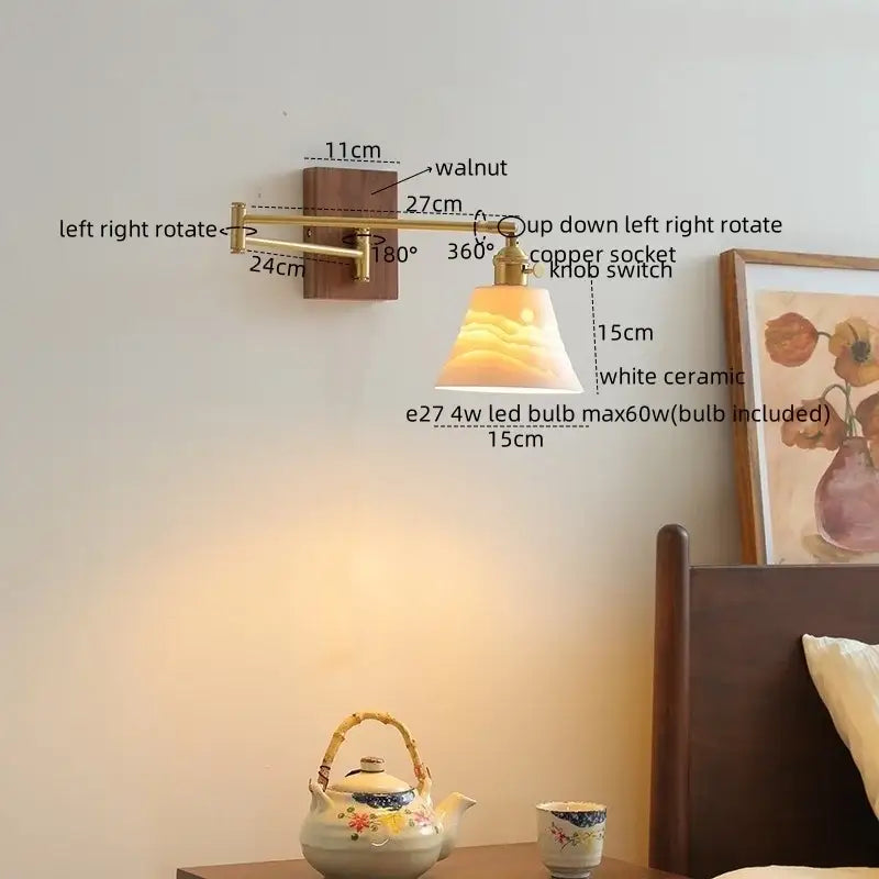Modern brass and wood wall light bedroom glass reading lamp