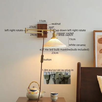 Modern brass and wood wall light bedroom glass reading lamp