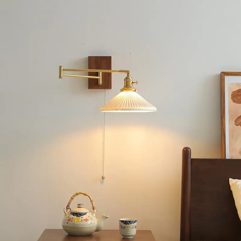 Modern brass and wood wall light bedroom glass reading lamp