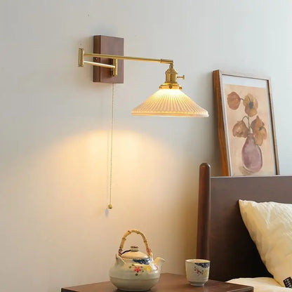 Modern brass and wood wall light bedroom glass reading lamp