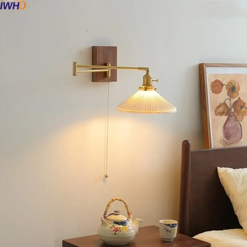 Modern brass and wood wall light bedroom glass reading lamp