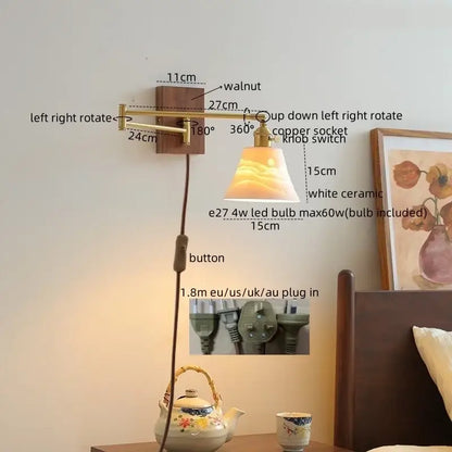 Modern brass and wood wall light bedroom glass reading lamp