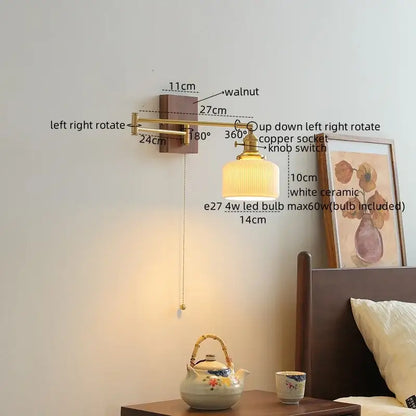 Modern brass and wood wall light bedroom glass reading lamp
