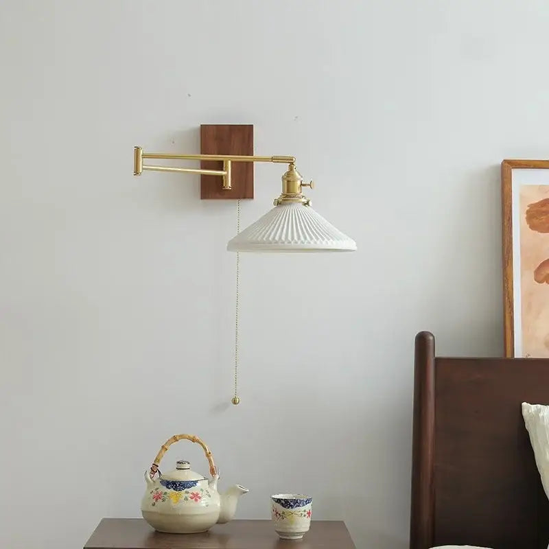 Modern brass and wood wall light bedroom glass reading lamp