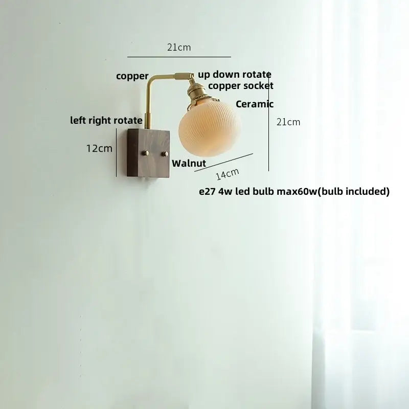 Modern brass and wood wall light fixture bedroom ribbed glass sconce