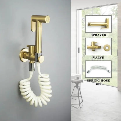 Modern brass bidet spray kit for bathroom with coiled hose