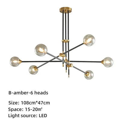 Modern brass & black geometric glass ball chandelier dining room light