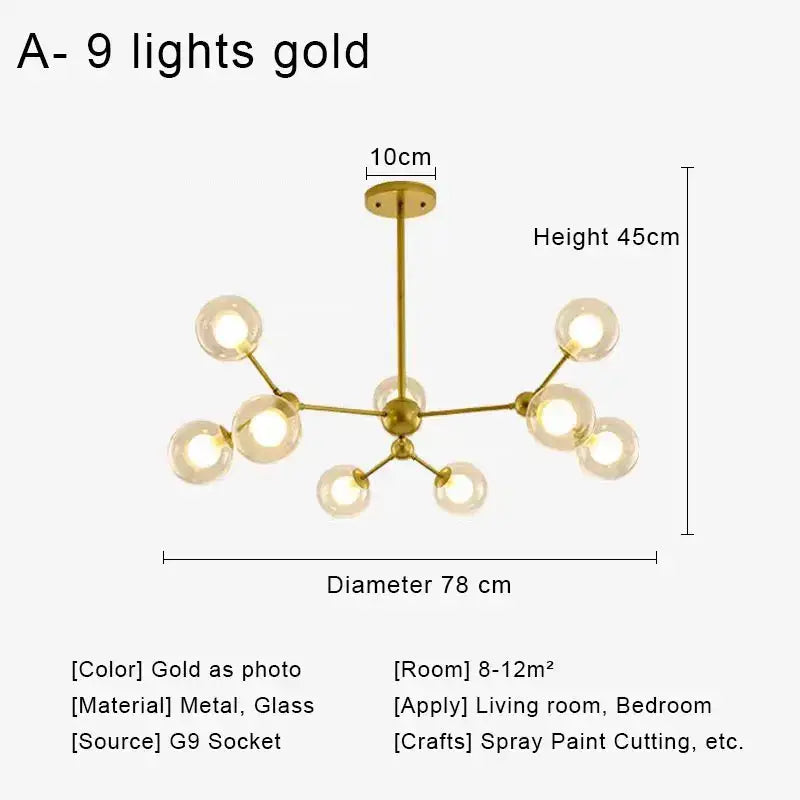 Modern brass & black glass ball pendant chandelier dining room