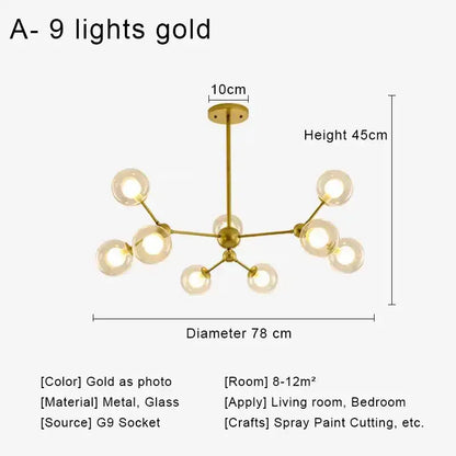 Modern brass & black glass ball pendant chandelier dining room