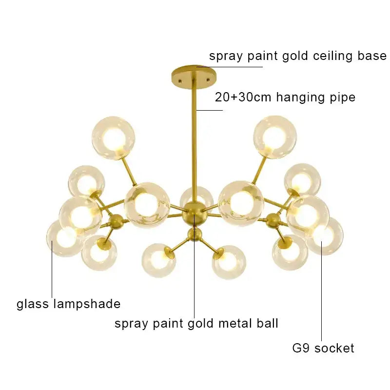 Modern brass & black glass ball pendant chandelier dining room