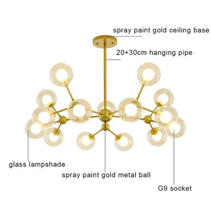 Modern brass & black glass ball pendant chandelier dining room
