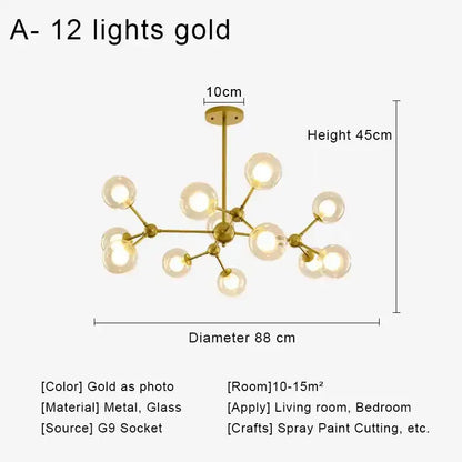 Modern brass & black glass ball pendant chandelier dining room