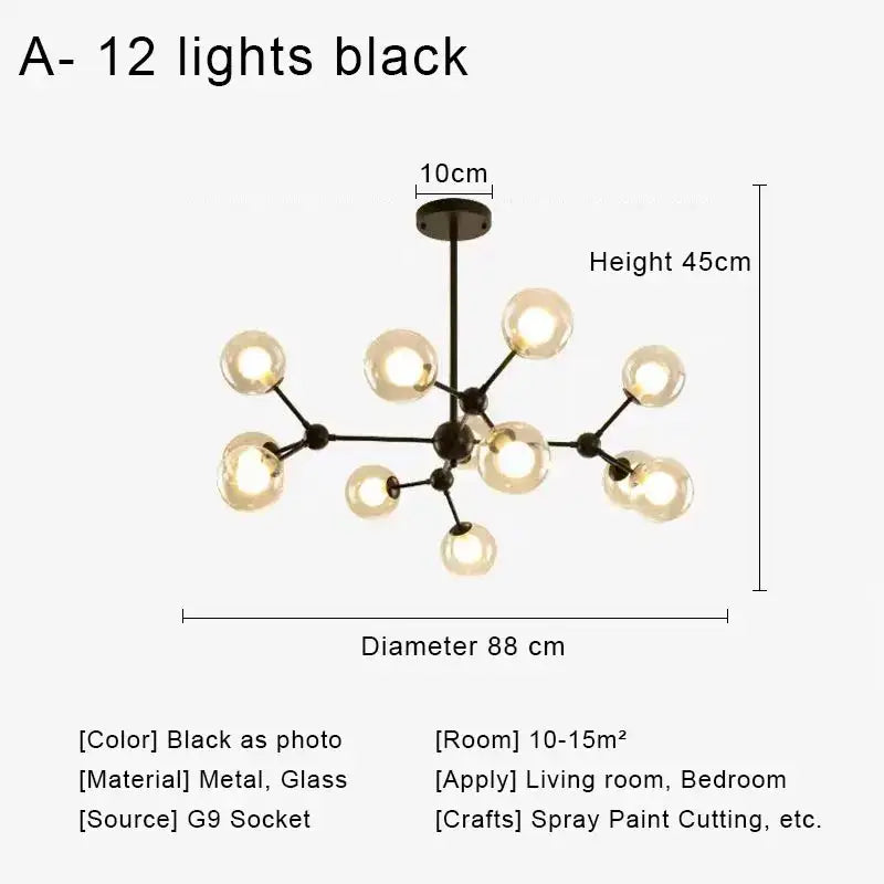 Modern brass & black glass ball pendant chandelier dining room