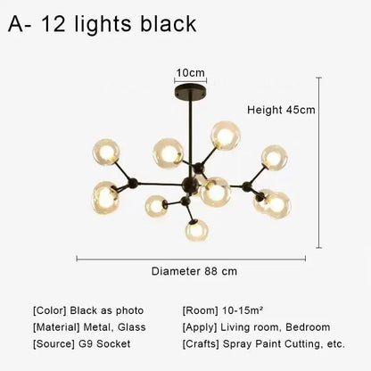 Modern brass & black glass ball pendant chandelier dining room