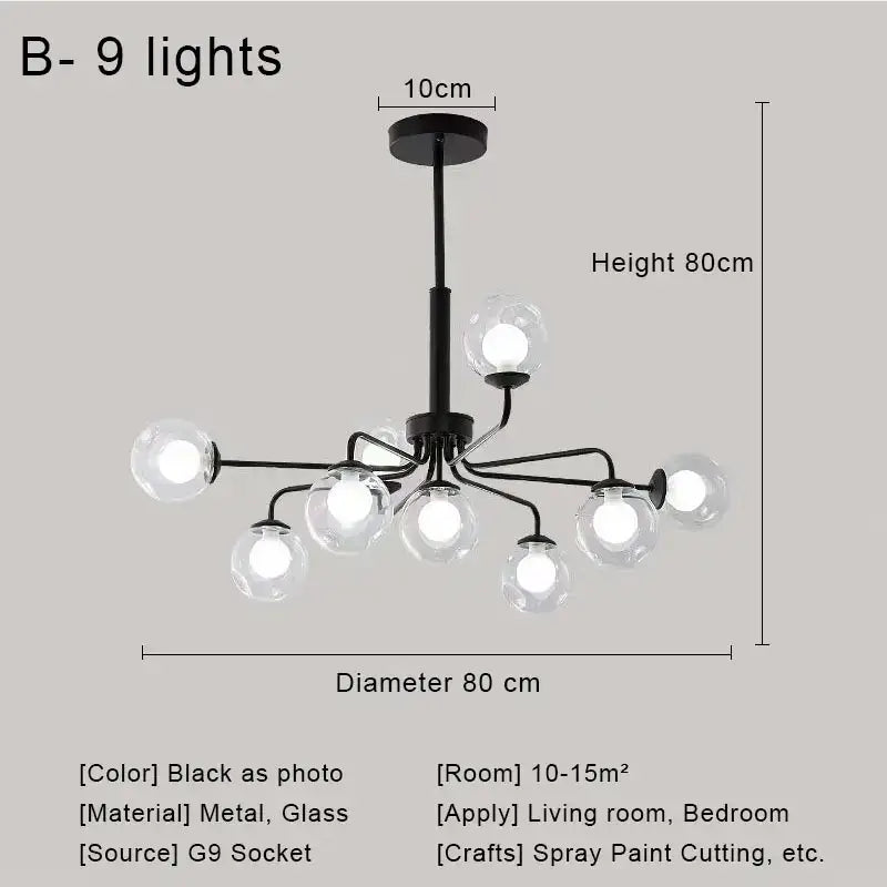 Modern brass & black glass ball pendant chandelier dining room