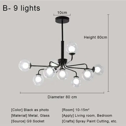Modern brass & black glass ball pendant chandelier dining room