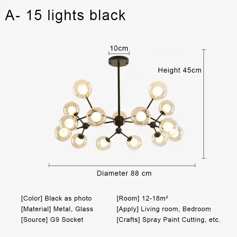 Modern brass & black glass ball pendant chandelier dining room