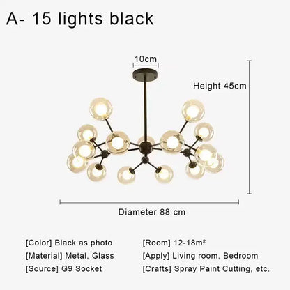 Modern brass & black glass ball pendant chandelier dining room